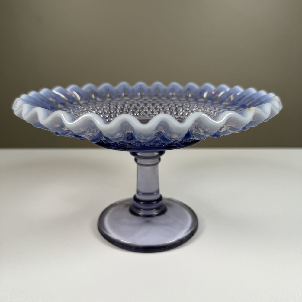Vintage Westmoreland Blue Opalescent Hobnail Pedestal Cake Stand Ruffled Edge